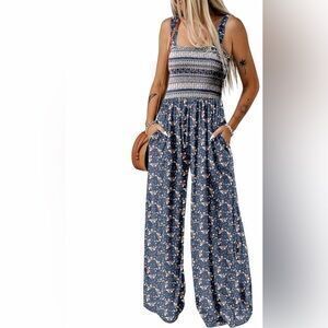 Overalls One Piece Sleeveless Printed Wide Leg Rompers With Pockets